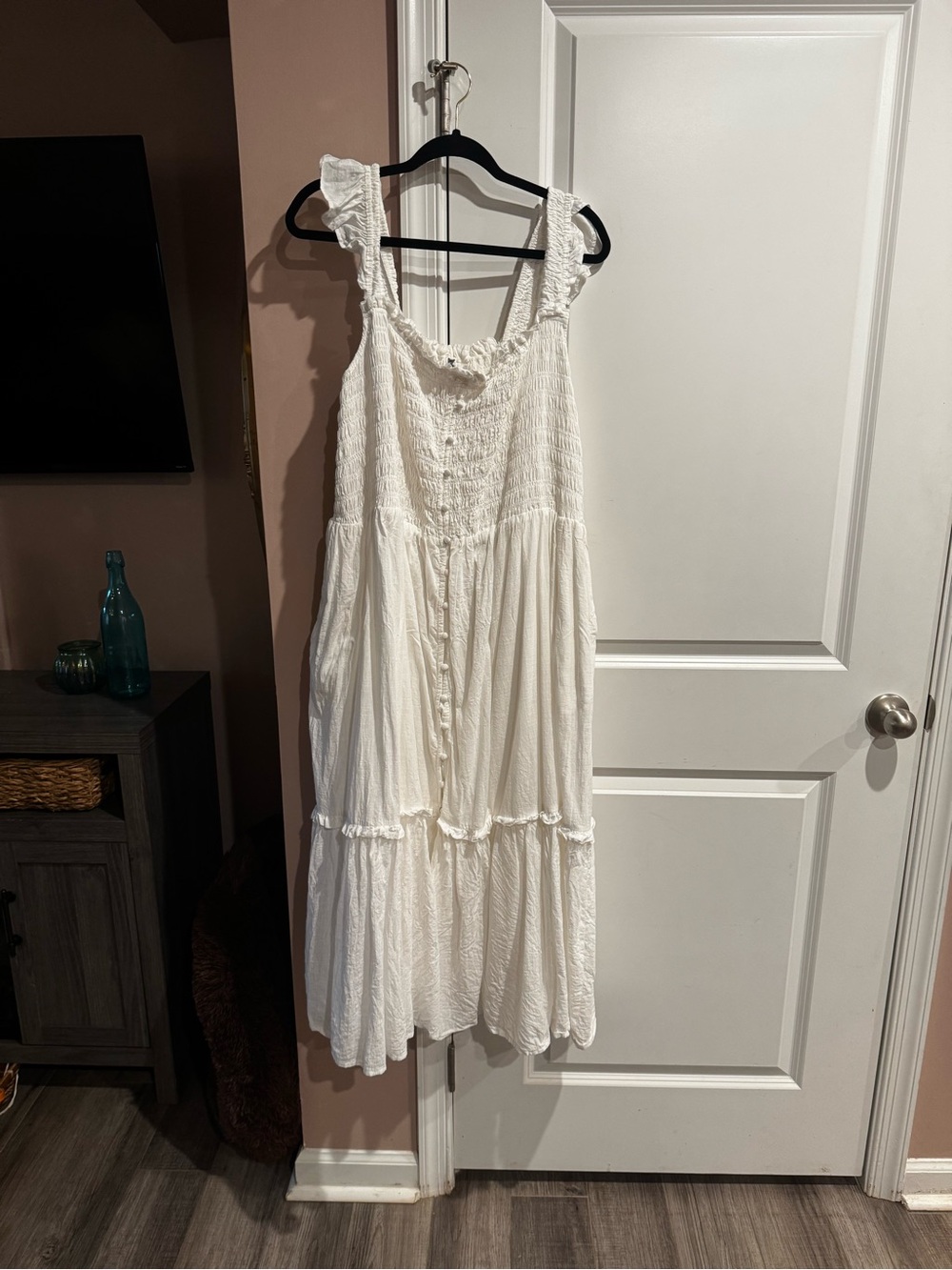 Anthropologie White Smocked Sundress with Ruffle Trim